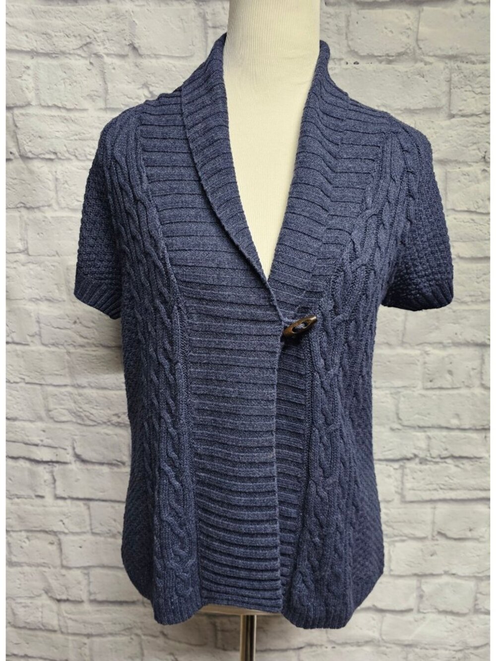 SONOMA S M TOGGLE BUTTON NAVY BLUE CABLE KNIT SHORT SLEEVE CARDIGAN SWEATER TOP
